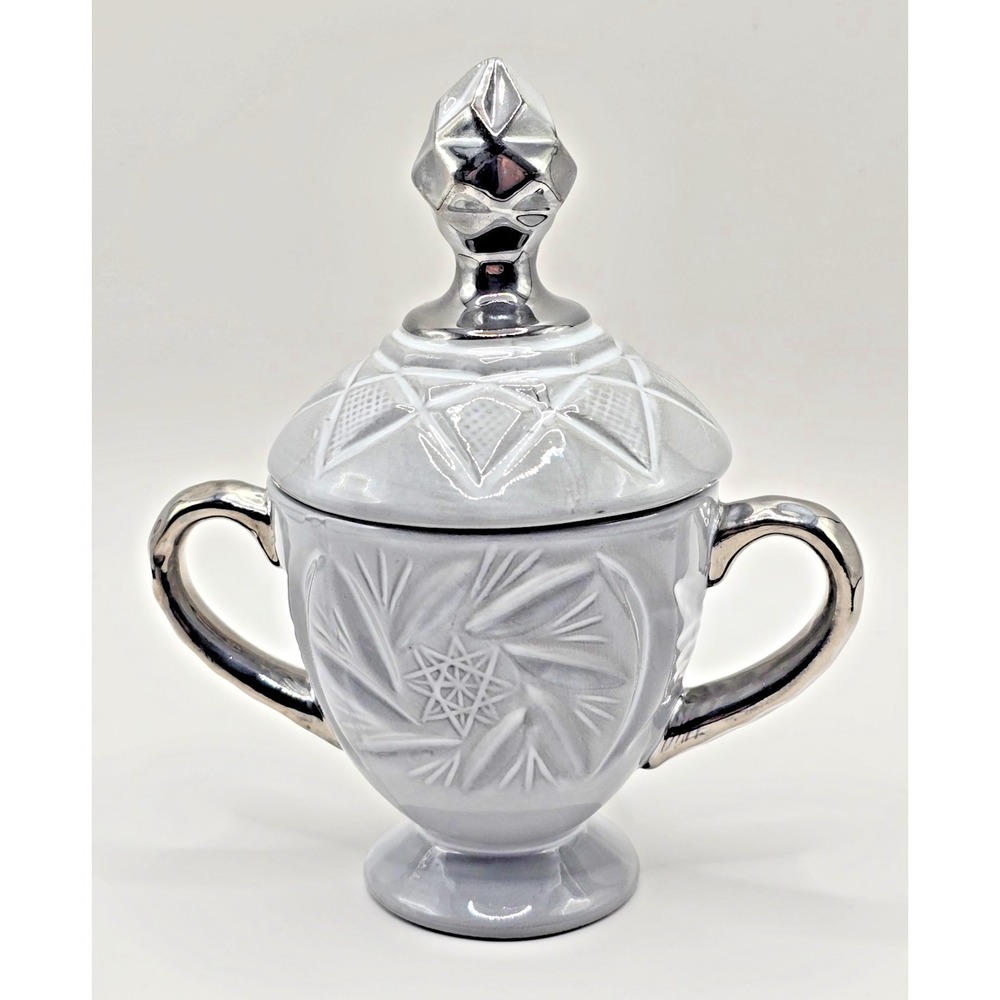 anthropologie sugar bowl gray ceramic urn art deco style silver handles